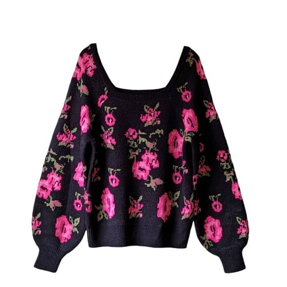 Cato Sweaters - Victorian Rose Square Neck Pullover Soft Knit Sweater Puffed Sleeve Women's L